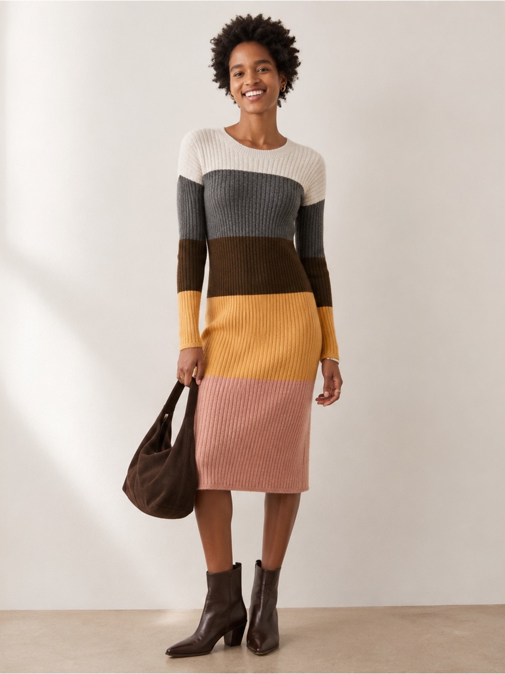 Madewell Ribbed Colorblock Sweater Dress Small Cozy Knit Midi Pink Mustard